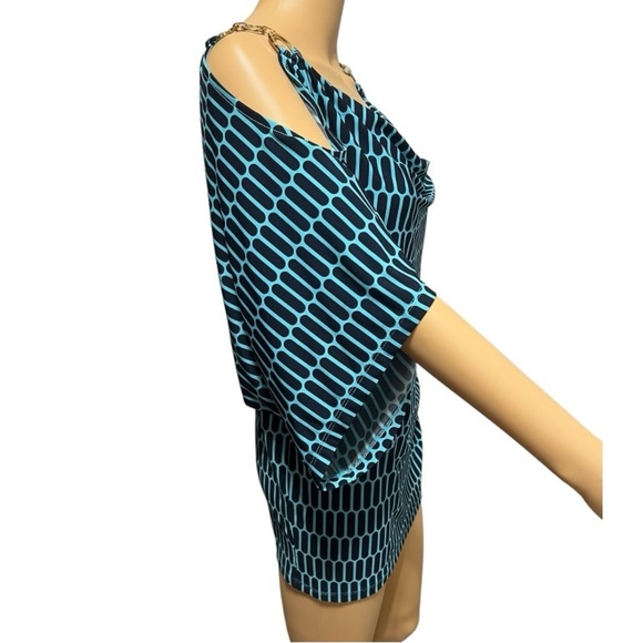 Michael Michael Kors Blue & Black Cold Shoulder With Chain Accent Pullover Top L - Picture 2 of 15